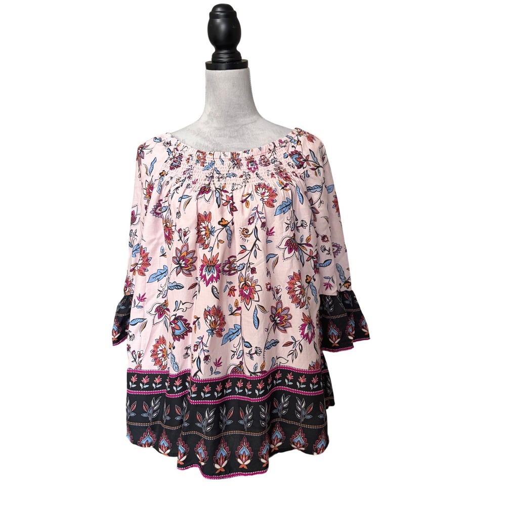 Beachlunchlounge Floral Boho Smocked Off Shoulder Bell Sleeve Blouse Pink Medium